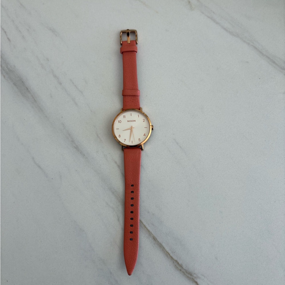 Nixon “The Arrow” Minimalist Rose Gold Watch with Coral Leather Strap